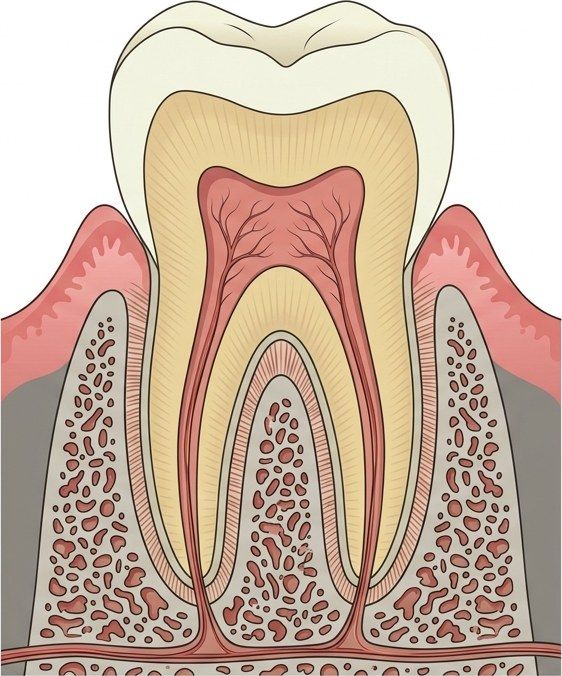 Coupe d'une dent : émail, dentine, pulpe, racine